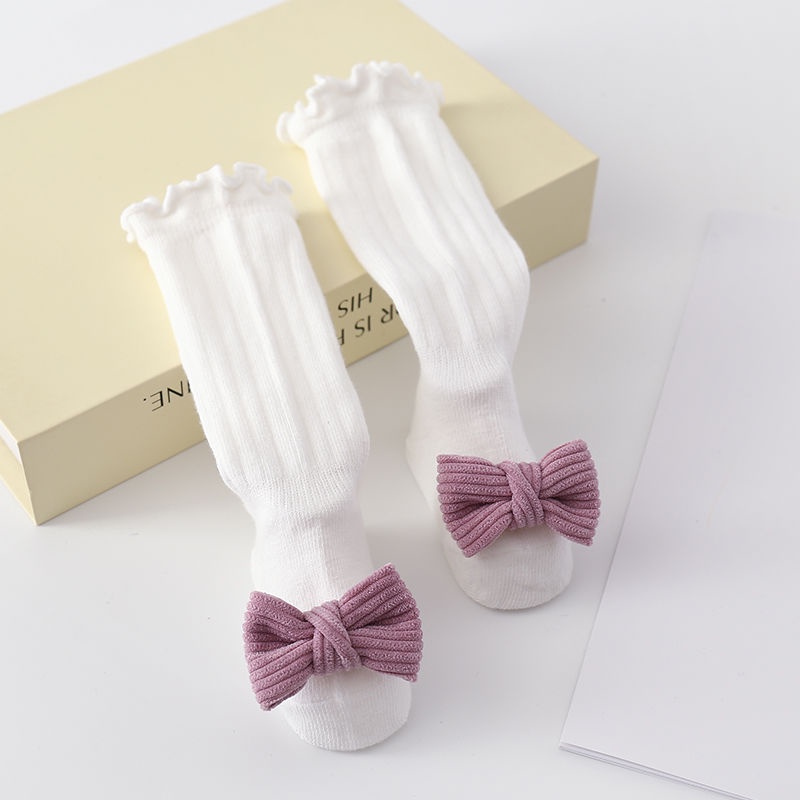 [Hàng Có Sẵn] Vớ Cotton Trơn Dài Qua Gối Đính Nơ Phong Cách Công Chúa Ngọt Ngào Cho Bé Gái