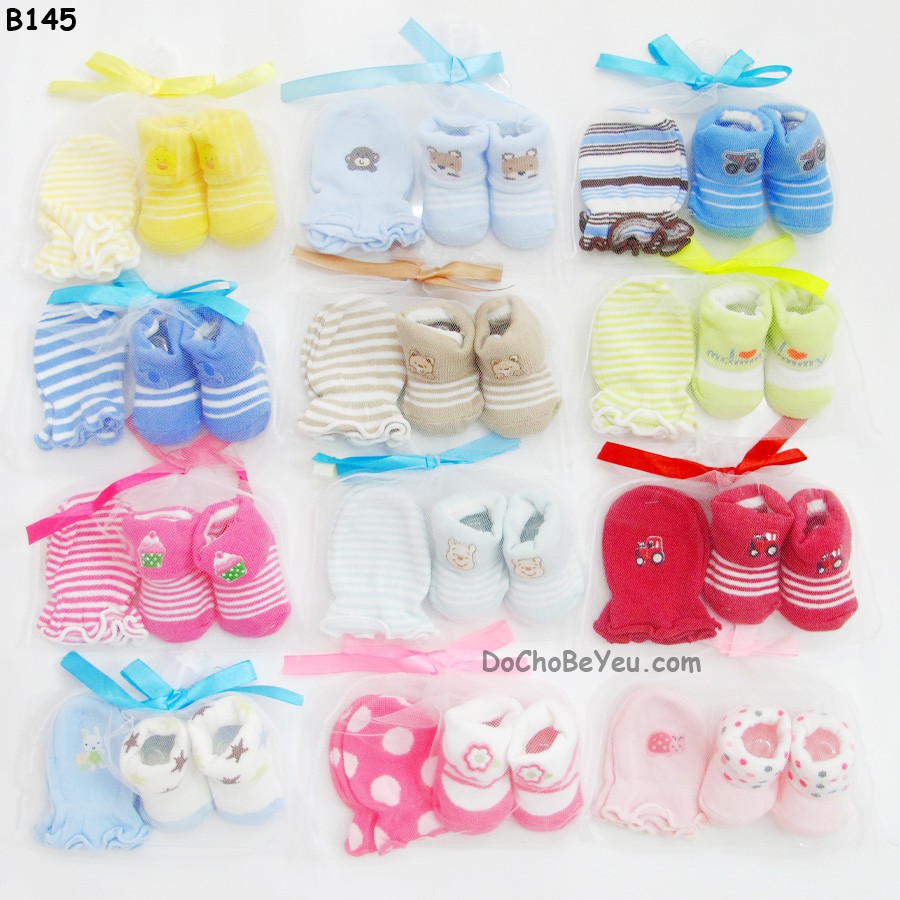 Set Tất kèm Bao tay  hoặc set 2 bao tay len đựng túi lưới cao cấp cho bé sơ sinh 0-6 tháng