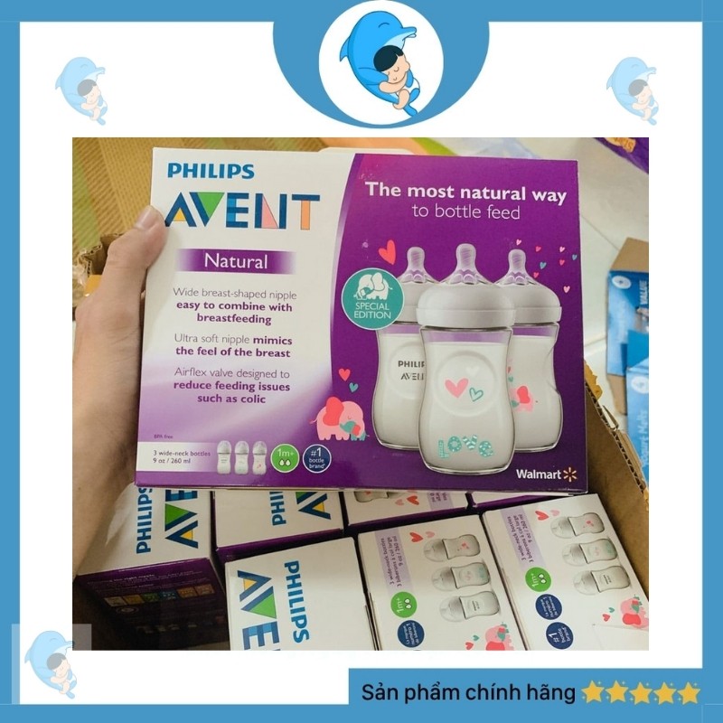 Bình Sữa Philips Avent Natural Cổ Rộng 260ml Họa Tiết Phiên bản Giới Hạn (Có Đổi Núm)