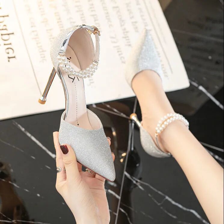 Giày Cao Gót Mũi Nhọn Một Dây Đính Ngọc Trai Phong Cách Pháp Thời Trang Mùa Hè Hàng Mới Dành Cho Bạn Nữ