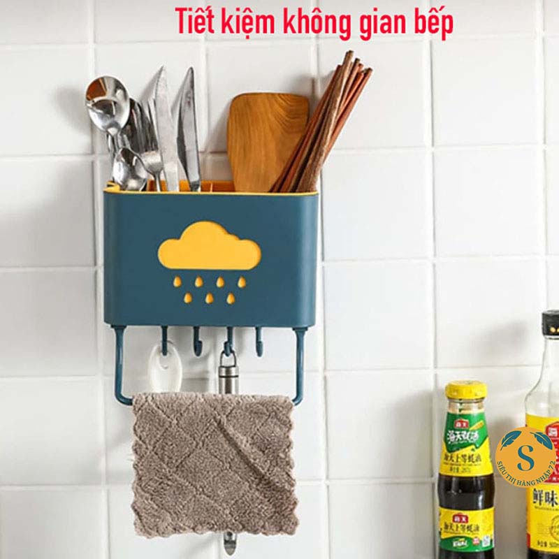 Ống Đựng Đũa Thìa Treo Tường Hình Đám Mây + Kèm Móc Treo Khăn Dụng Cụ Bếp Tiện Lợi