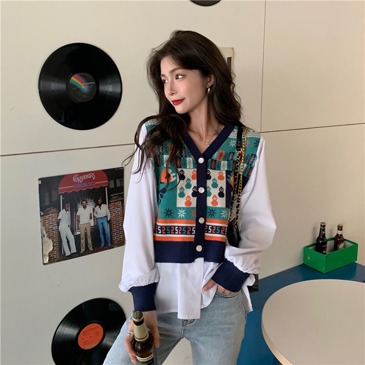 Áo dệt kim nữ tay dài giả hai lớp hàng mới