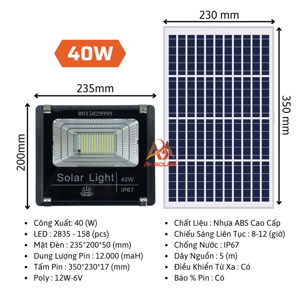 [40W] Đèn Năng Lượng Mặt Trời 40W, Đèn Pha LED, Tấm Pin Rời, Chống Nước , Kính Cường Lực Solar Light VinDa - ABM Solar