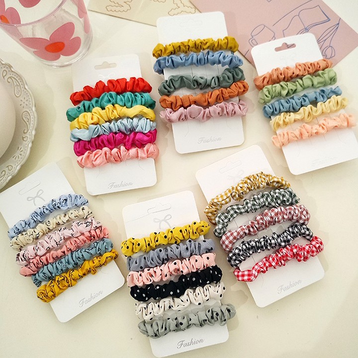 Chun buộc tóc vải scrunchies nhỏ họa tiết chấm bi Hàn Quốc nhiều màu dễ thương siêu co dãn youngcityshop 30.000