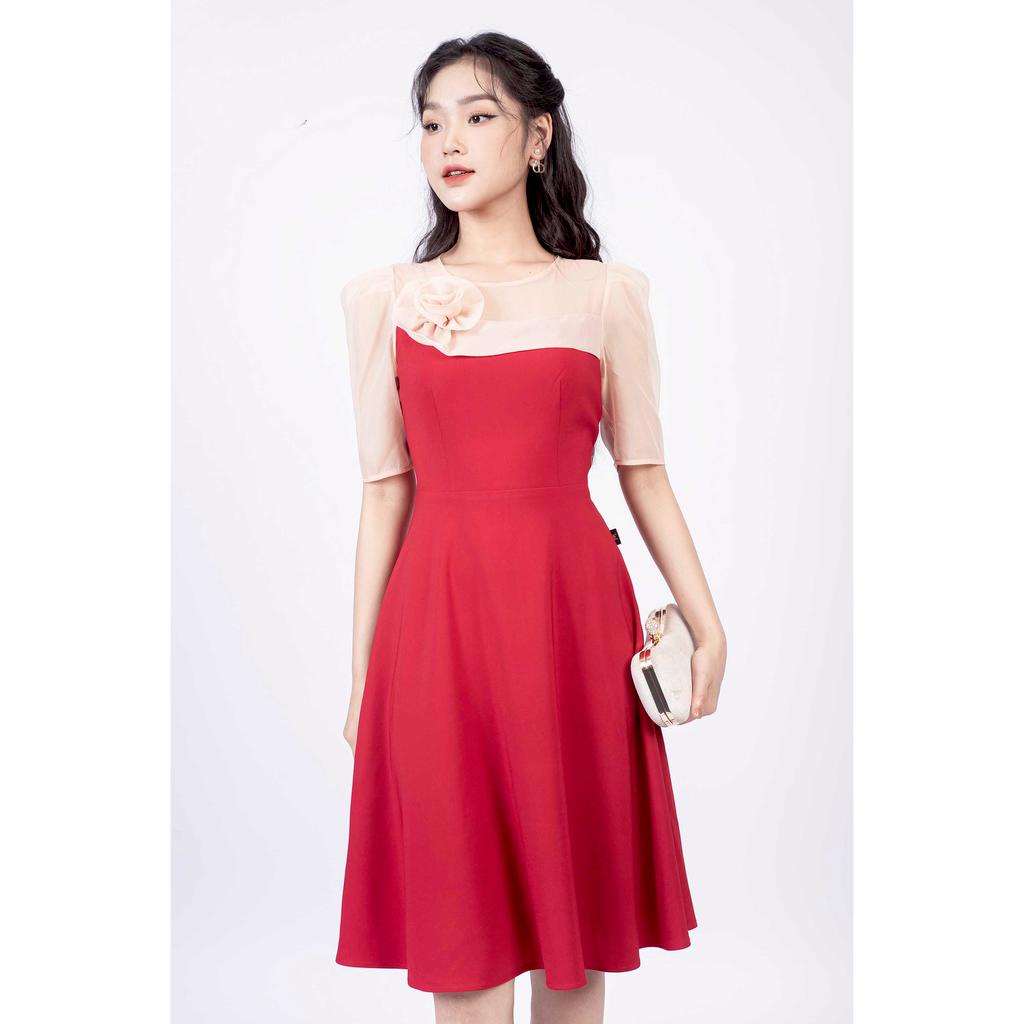 Đầm xòe, cổ tròn đính hoa, ngực phối ren bóng MMOutfit M-DA060521244