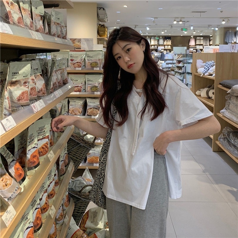 Áo Thun Tay Ngắn Màu Trơn Xẻ Tà Dễ Phối Đồ Thời Trang Mùa Hè Cho Nữ