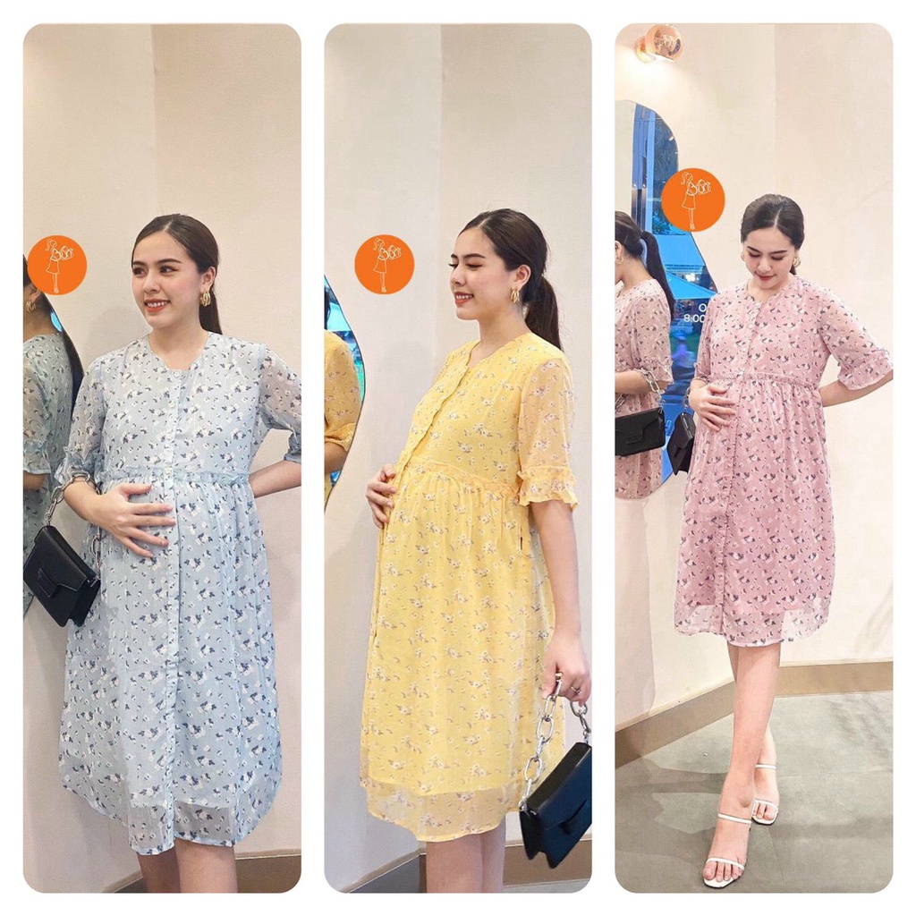 Đầm bầu váy bầu hoa nhí babydoll dáng dài tay lỡ xếp bèo BUN-thời trang bầu thiết kế cao cấp