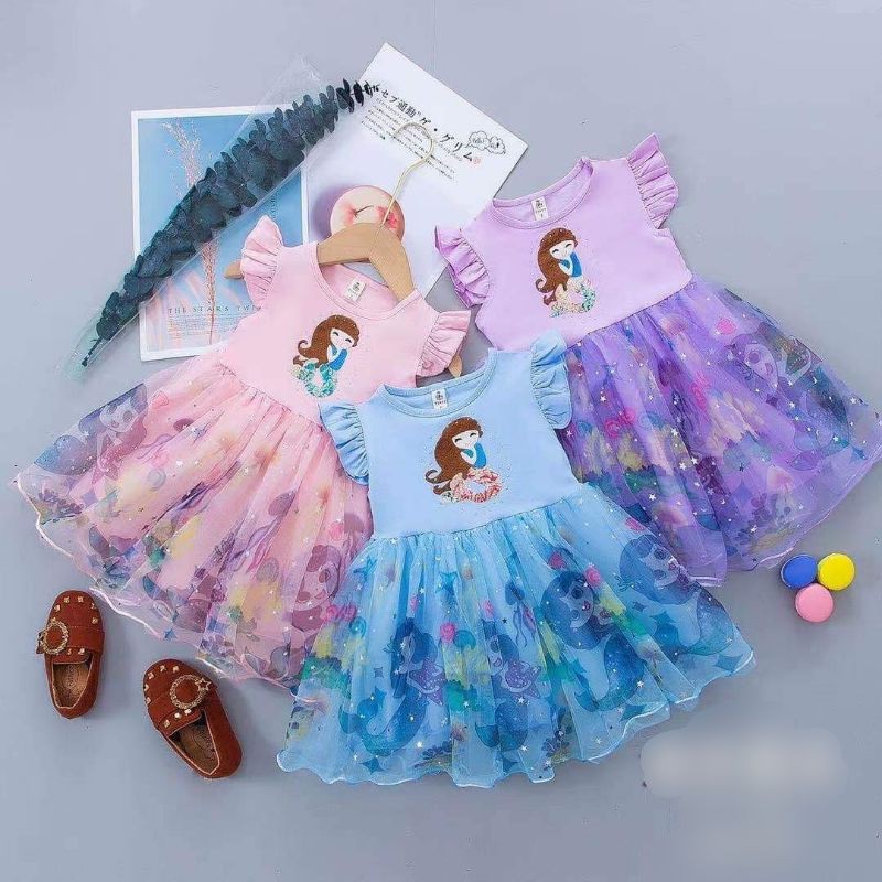 Váy công chúa hoạ tiết 0-3 tuổi, áo cotton lạnh co giãn+ chân váy voan in hình 3D