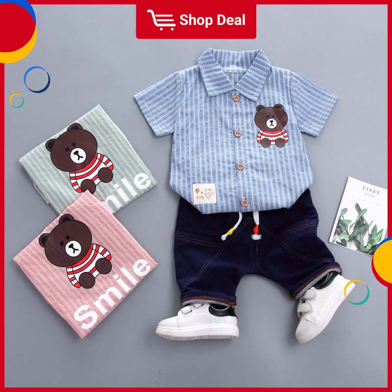 Bộ áo quần ngắn tay mùa hè trang trí hình gấu hoạt hình gồm 2 món dễ thương dành cho bé