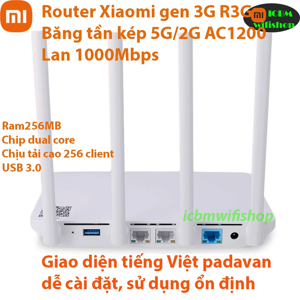 Phát wifi Xiaomi router 3G R3G băng tần kép, Wan Lan gigabit AC1200,USB 3.0, tiếng Việt Padavan, rom gốc.