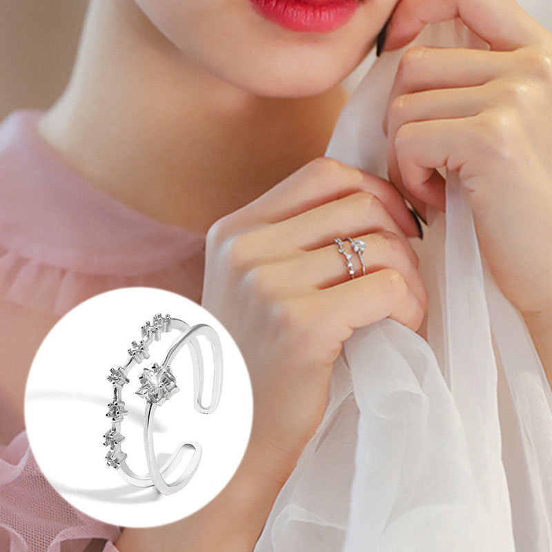2021 New Silver-plated Temperament Bright Micro-zircon Diamond-encrusted Star Cross Opening Ring Constellation Female Ring