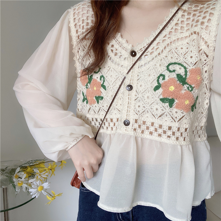 SUXI Áo Sơ Mi Nữ Tay Dài Thêu Hoa Phong Cách Hàn Quốc