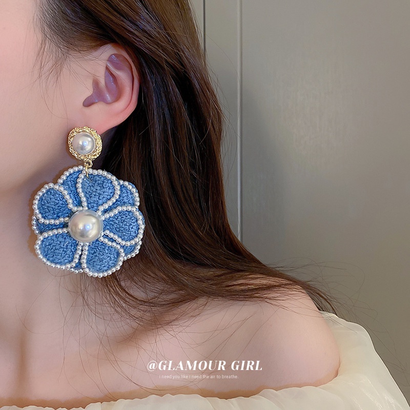 Khuyên Tai Hình Hoa Vải Xanh Dương Đính Hạt Ngọc Trai Thủ Công Phong Cách Bohemian Mới 2022 Cho Nữ