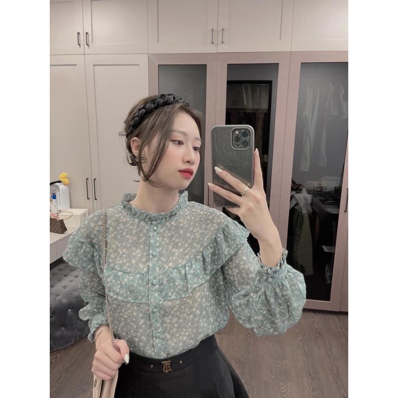 SM10 - ÁO SƠ MI NỮ VOAN XANH HOA NHÍ TRẮNG BÈO | BigBuy360 - bigbuy360.vn