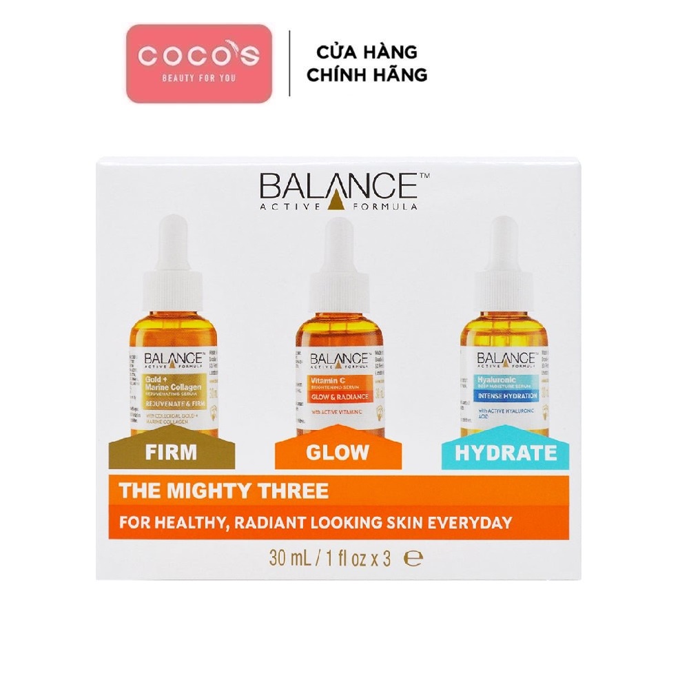 Bộ 03 serum sáng da, dưỡng ẩm và ngăn ngừa lão hóa Balance Active Skincare The Mighty Three (3x30ml)