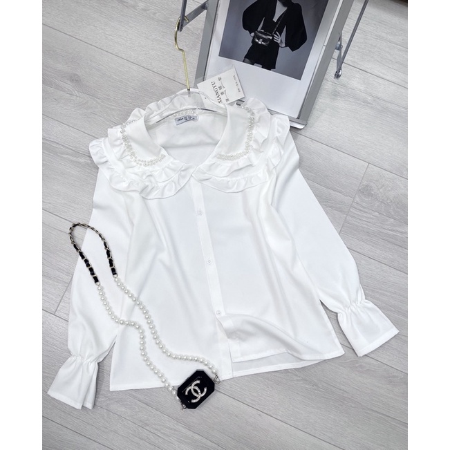Áo sơ mi trắng cổ bèo đính ngọc áo trắng tiểu thư