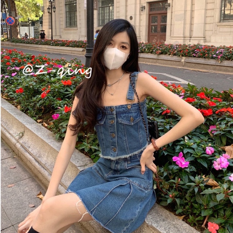 Set Áo Hai Dây Phối Chân váy jean Chữ A Lưng Cao Thời Trang Hàn Quốc Cá Tính Cho Nữ