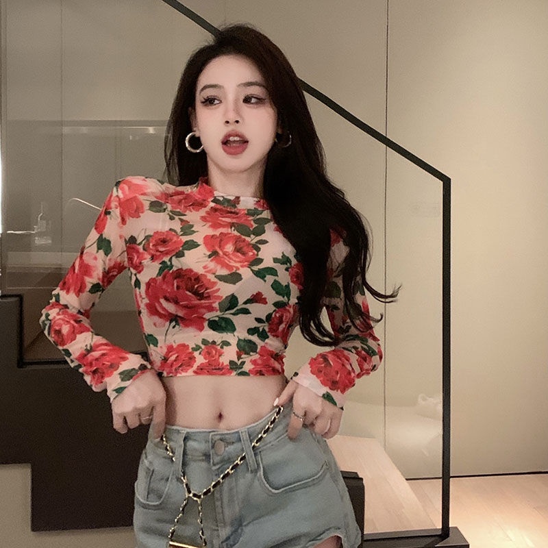 Áo Croptop In Hoa Kiểu Vintage Thời Trang Mùa Xuân Cho Nữ