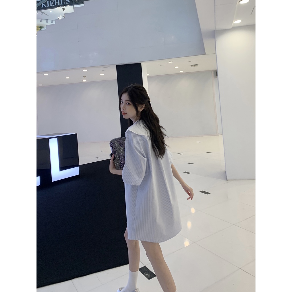 Đầm Sơ Mi Cổ Búp Bê Họa Tiết Kẻ Sọc Thiết Kế Mới Thời Trang Mùa Hè Dành Cho Nữ