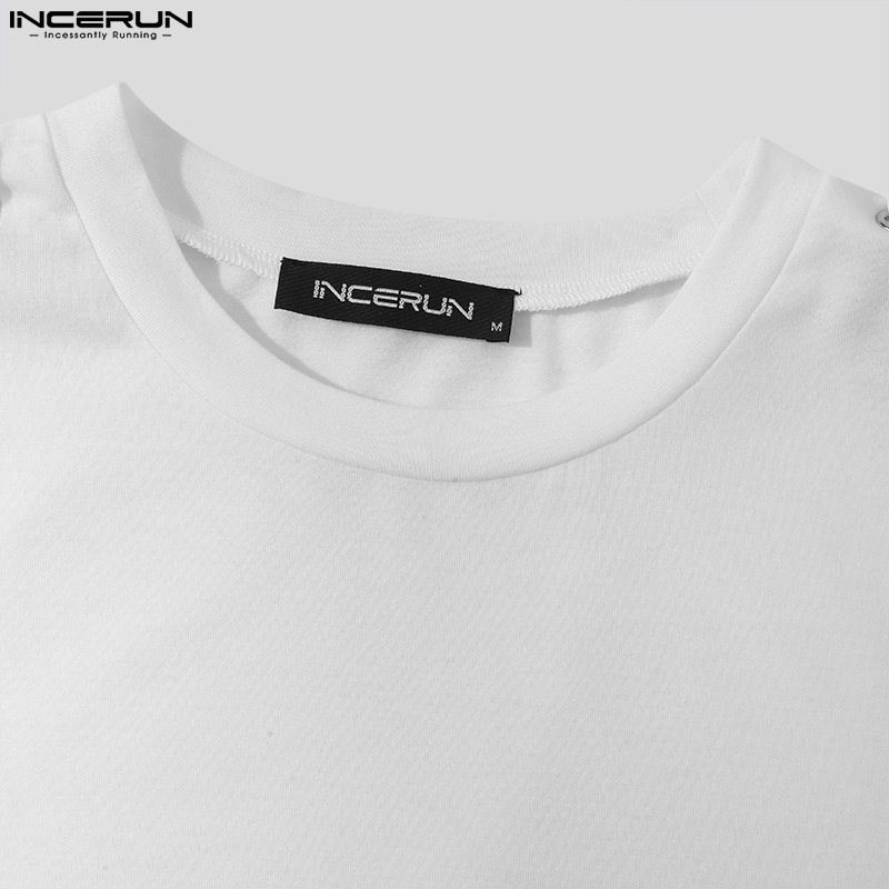 INCERUN Áo nam Ngắn Tay Cổ Tròn Cột Dây Màu Trắng