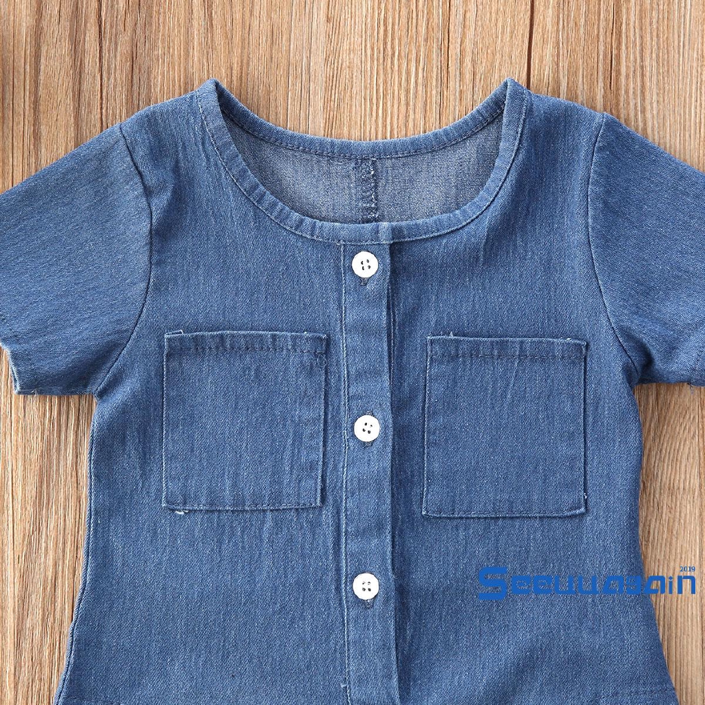 Áo Liền Quần Denim Cổ Tròn Tay Ngắn Cho Bé Gái