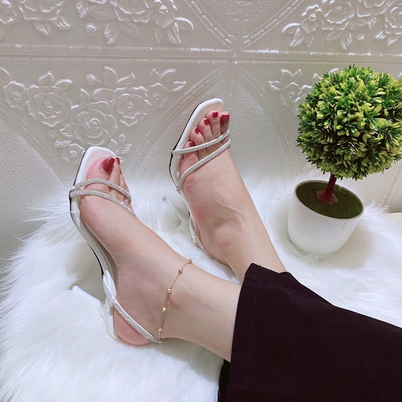 Sandal cao gót quai mảnh đá kép chéo chân hở mũi vuông gót nhọn đẹp nổi bật bắt mắt