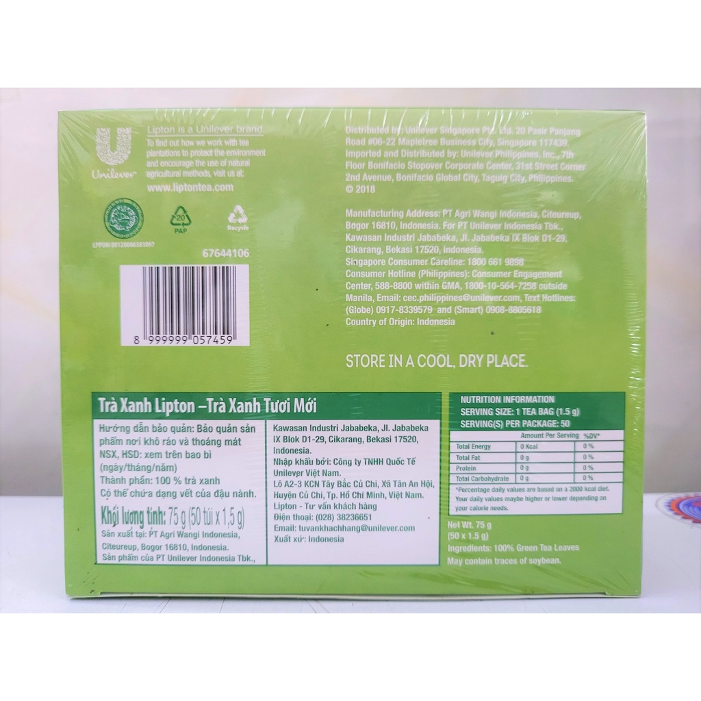 [HỘP LỚN 75g] [50 TÚI LỌC] TRÀ XANH TƯƠI MỚI [Indonesia] LIPTON Green Tea Lively Fresh TeaBags (halal)