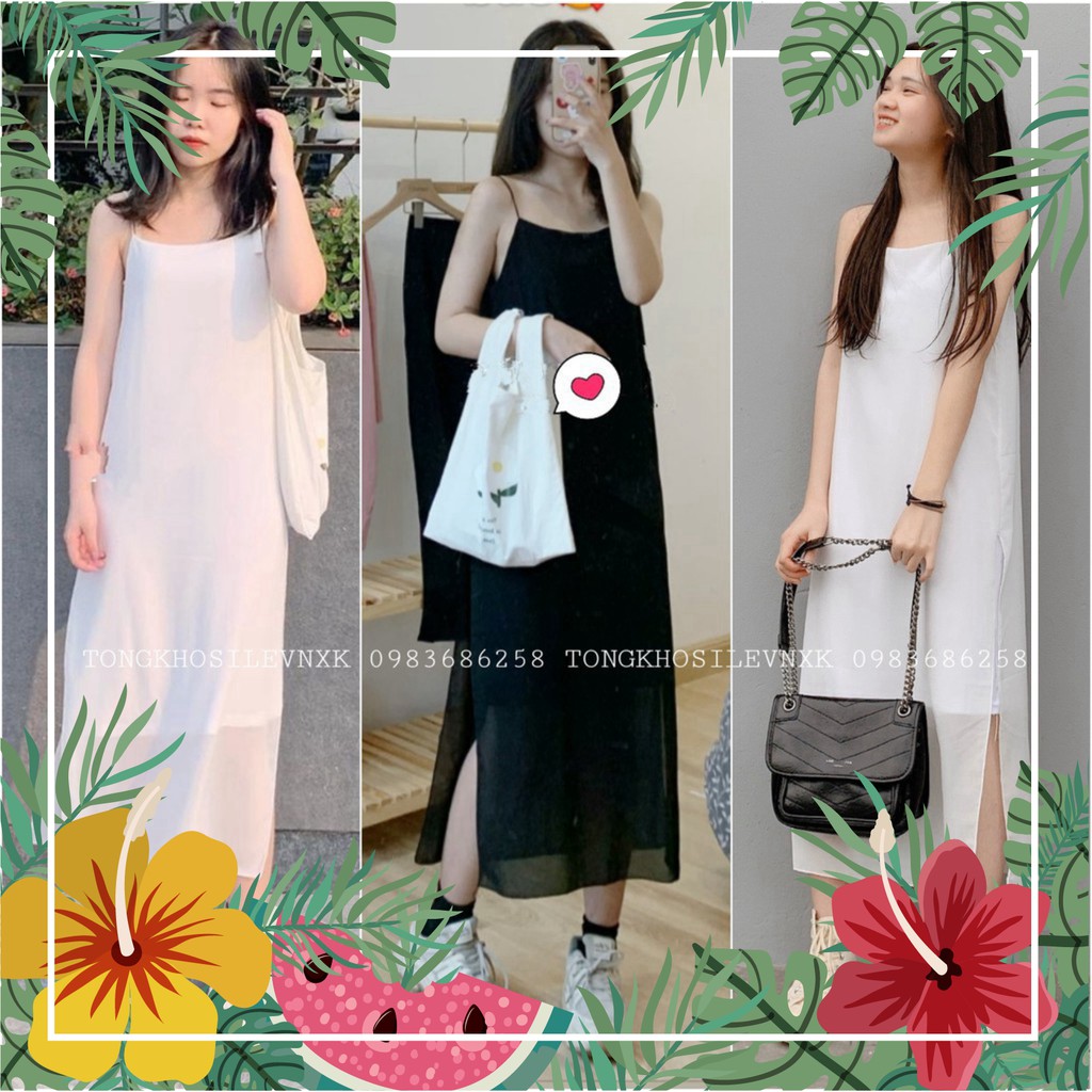 (VNXK RẺ) VÁY HAI DÂY MAXI VOAN DÀI HOT - ĐẦM SUÔNG 2 LỚP MÀU TRẮNG ĐEN