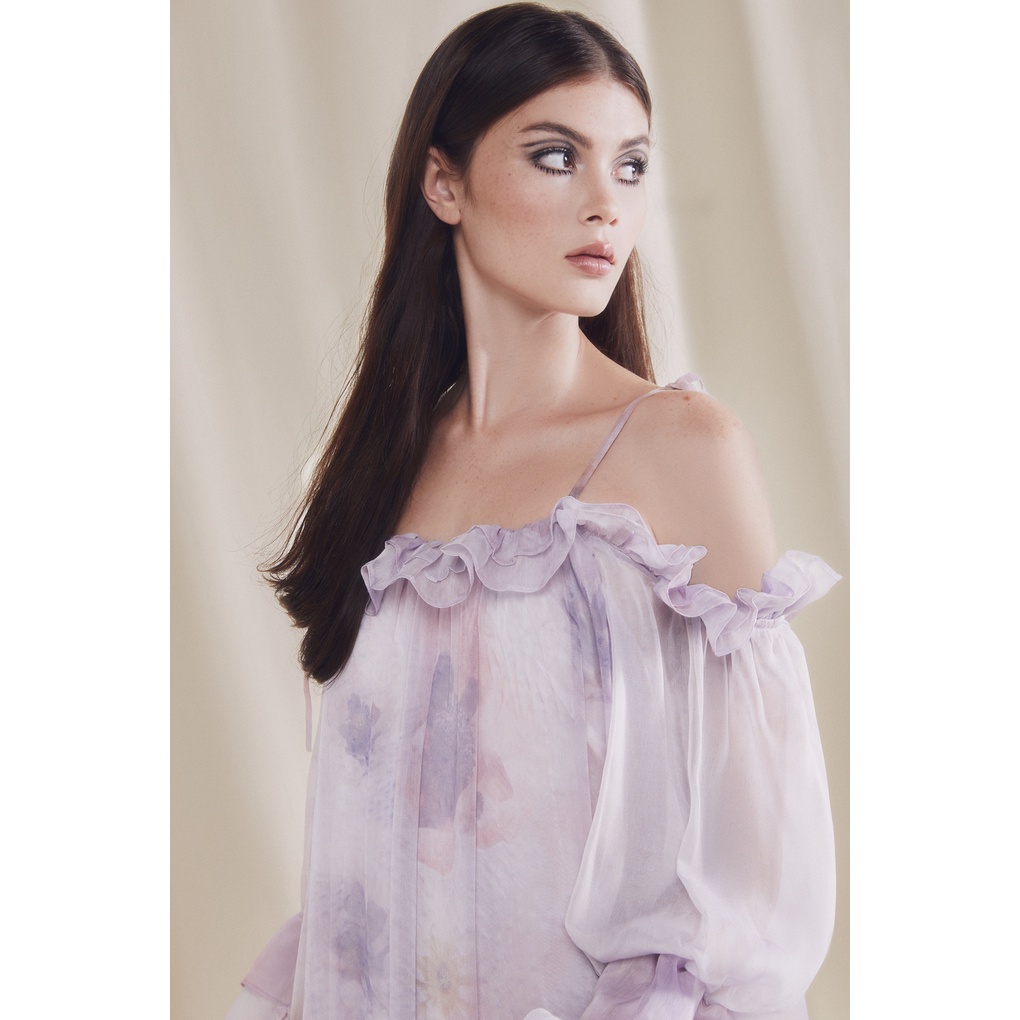 Achelois - Váy maxi tay bồng hoạ tiết Cannon Ball