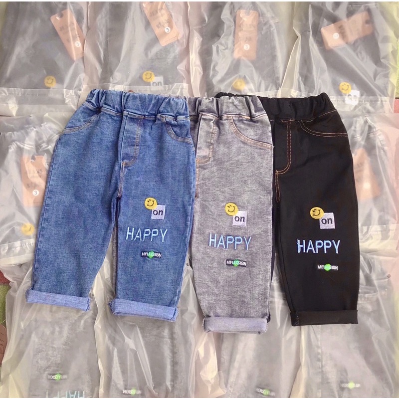 Quần bò cho trẻ em 8-22kg, mẫu thêu chữ HAPPY cho bé