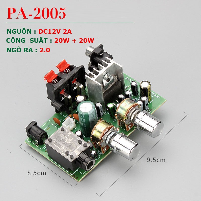 Mạch khuyếch đại công suất PA 2005 Control : Volume, Mic Công suất 20W + 20W Điện thế : 12V - 2A