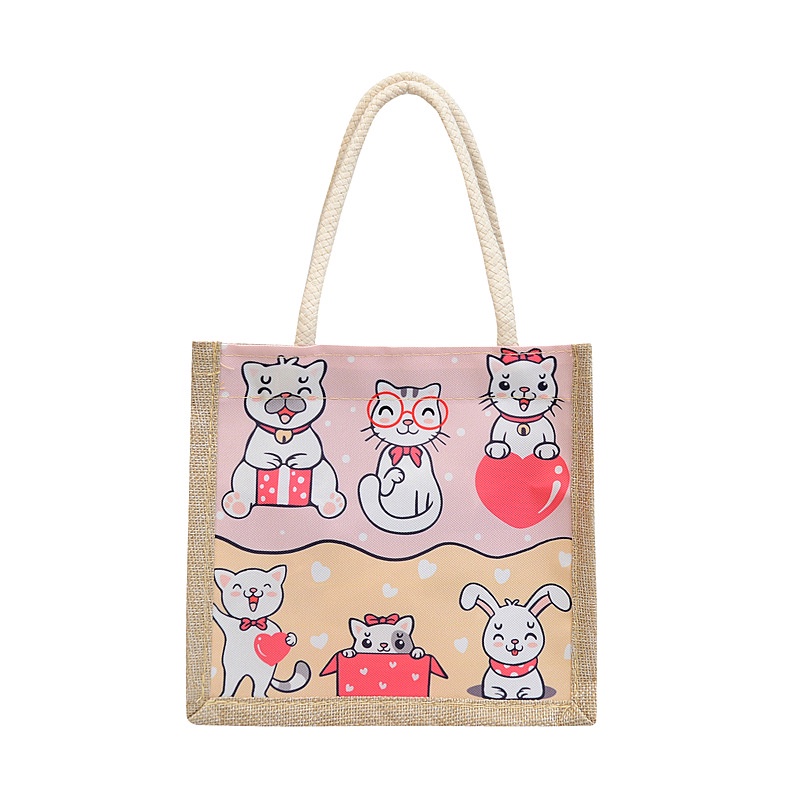 Túi Xách Đựng Hộp Cơm Trưa Vải Lanh Cotton Lanh In Hoạt Hình Dễ Thương