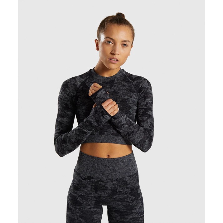 Áo croptop thể dục thể thao HOPPE FUMENG tay dài họa tiết rằn ri thời trang cho nữ
