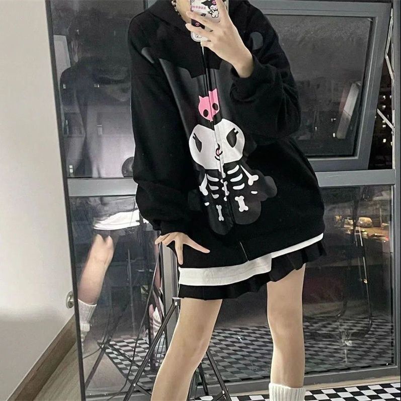 Áo Khoác Cardigan Có Nón In Hình Kuromi Thời Trang Nam Nữ