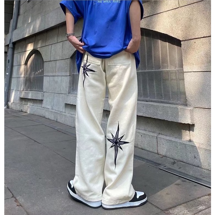 Quần Jean Ống Rộng Plus Size Thêu Hình Ngôi Sao Phong Cách Retro Mỹ Cho Nam Nữ