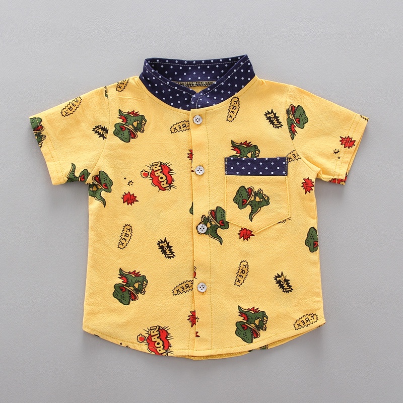 Set đồ 2 mảnh gồm áo sơ mi tay ngắn in họa tiết hoạt hình + quần short thời trang cho bé trai