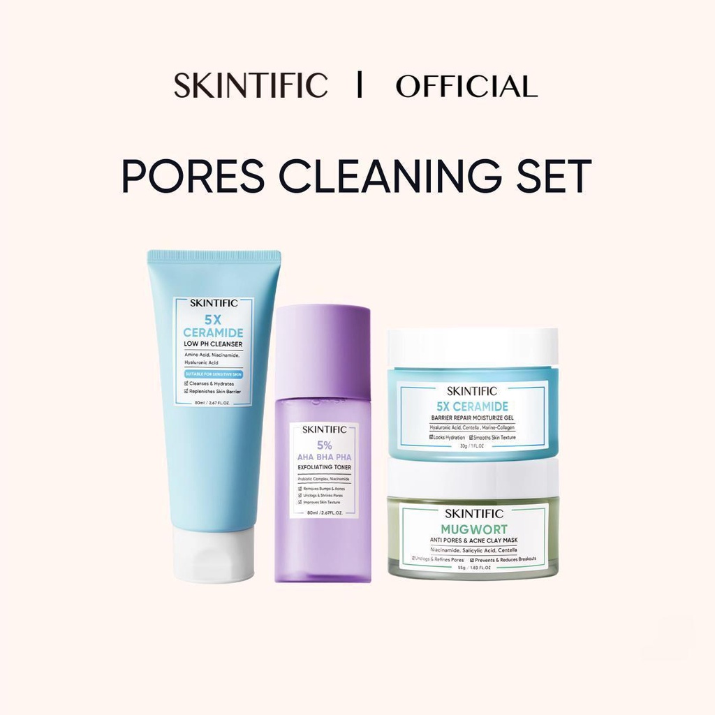 Combo Pores Cleaning SKINTIFIC gồm Sữa rửa mặt 5X 80ml + Mặt nạ đất sét ngải cứu 55g + Toner 80ml + Kem dưỡng ẩm 5X 30g