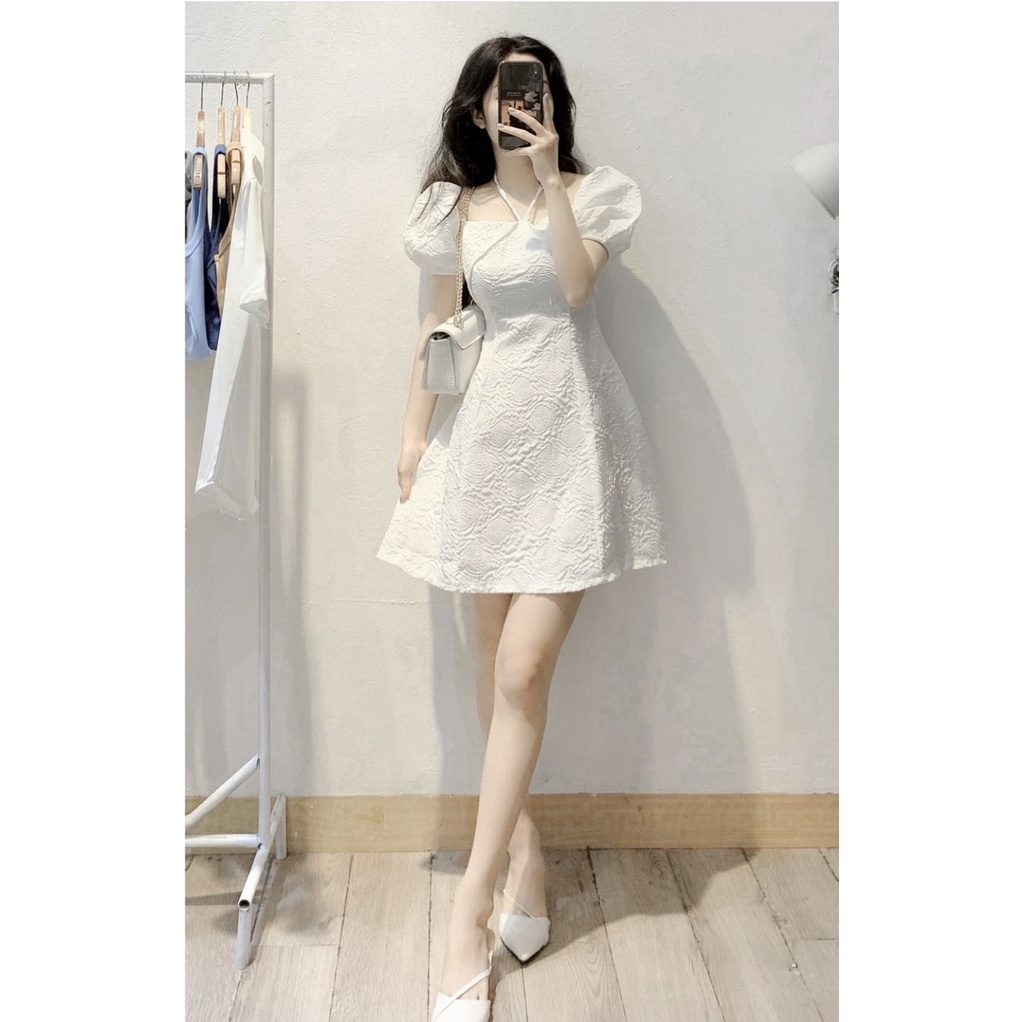 Váy trắng tiểu thư tay bồng, Váy trắng dự tiệc hoa văn xốp ( Ảnh + Video Thật ) - Ngọc Uyên Store