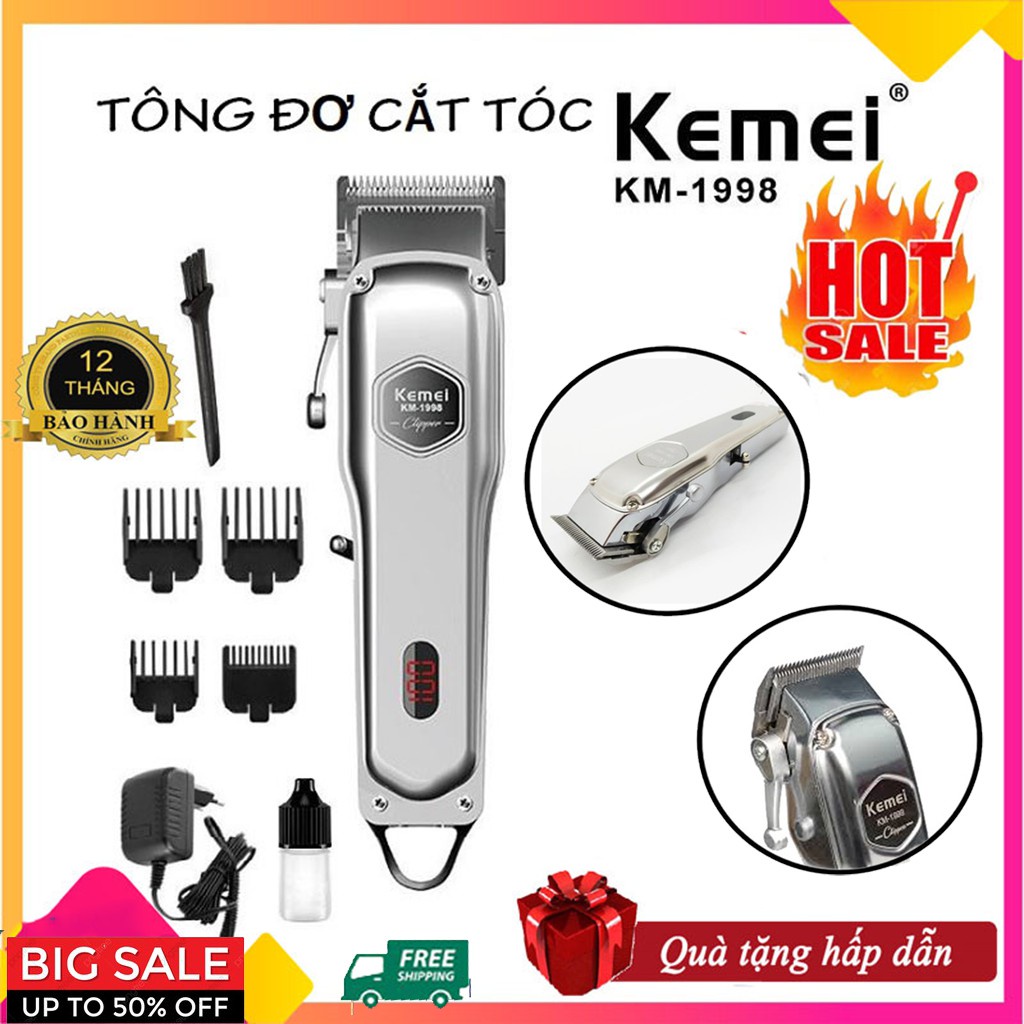 Tông đơ cắt tóc cao cấp Kemei 1998 cắt tóc người lớn, trè em thân nhôm nguyên khối, không dây, sạc pin