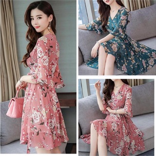 Đầm xoè nữ voan hoạ tiết tay ngắn hoa trẻ đẹp size S M L XL