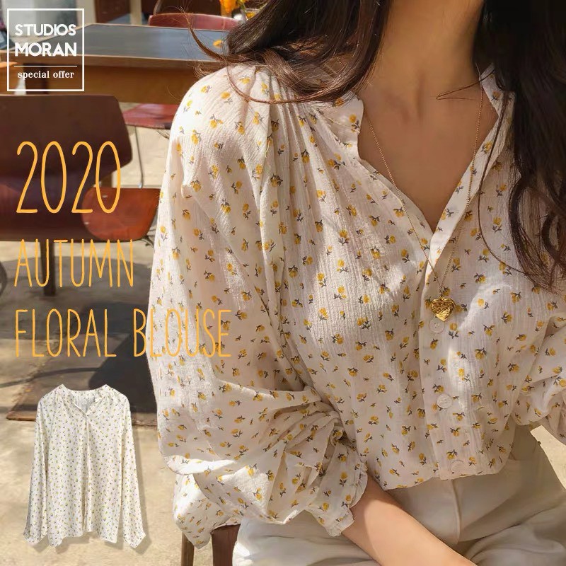 (HÀNG SẴN) Áo sơ mi nữ MORAN hoa nhí cổ đứng nhẹ nhàng style Vintage công sở Hàn Quốc | BigBuy360 - bigbuy360.vn