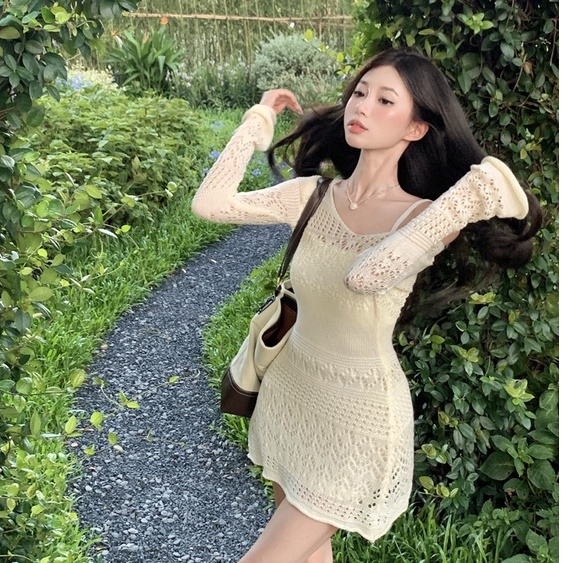 QKOOLE Đầm ôm  dài tay ôm dáng thời trang Hàn Quốc