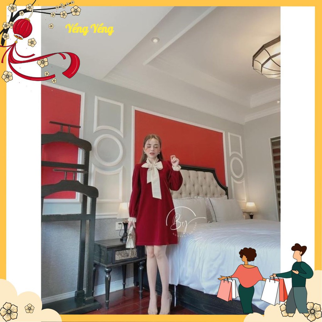 VNU30 - VÁY NHUNG SUÔNG CỔ BUỘC NƠ ĐÍNH NGỌC