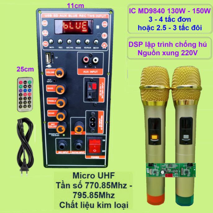 [Mã 155ELSALE giảm 7% đơn 300K] Mạch loa kéo IC MD9840 130W – 150W DSP lập trình chống hú, nguồn xung 220V kèm Micro