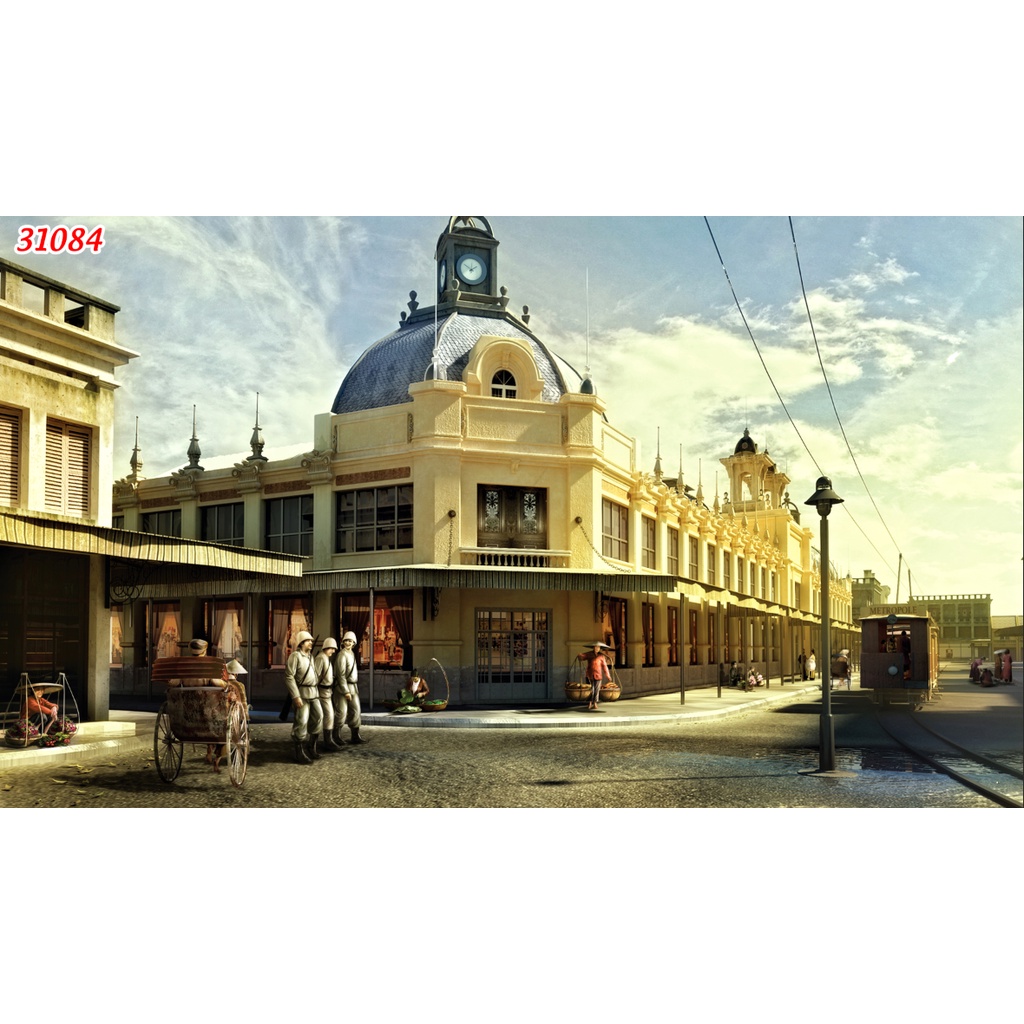 Tranh dán tường khổ lớn Quán Cafe, Trà chanh, Trà Sữa, Trang Trí Cửa Hàng 3D kiến trúc phong cách Hà Nội cổ điển