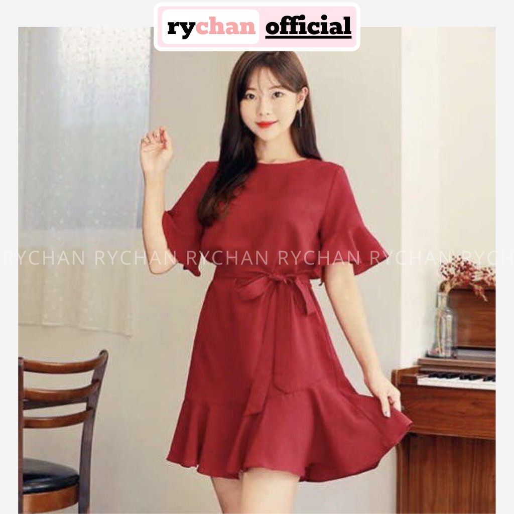 DX497 - Đầm Xòe Màu Đỏ Cột Eo Phối Đuôi Cá Dễ Thương [ẢNH THẬT CUỐI]