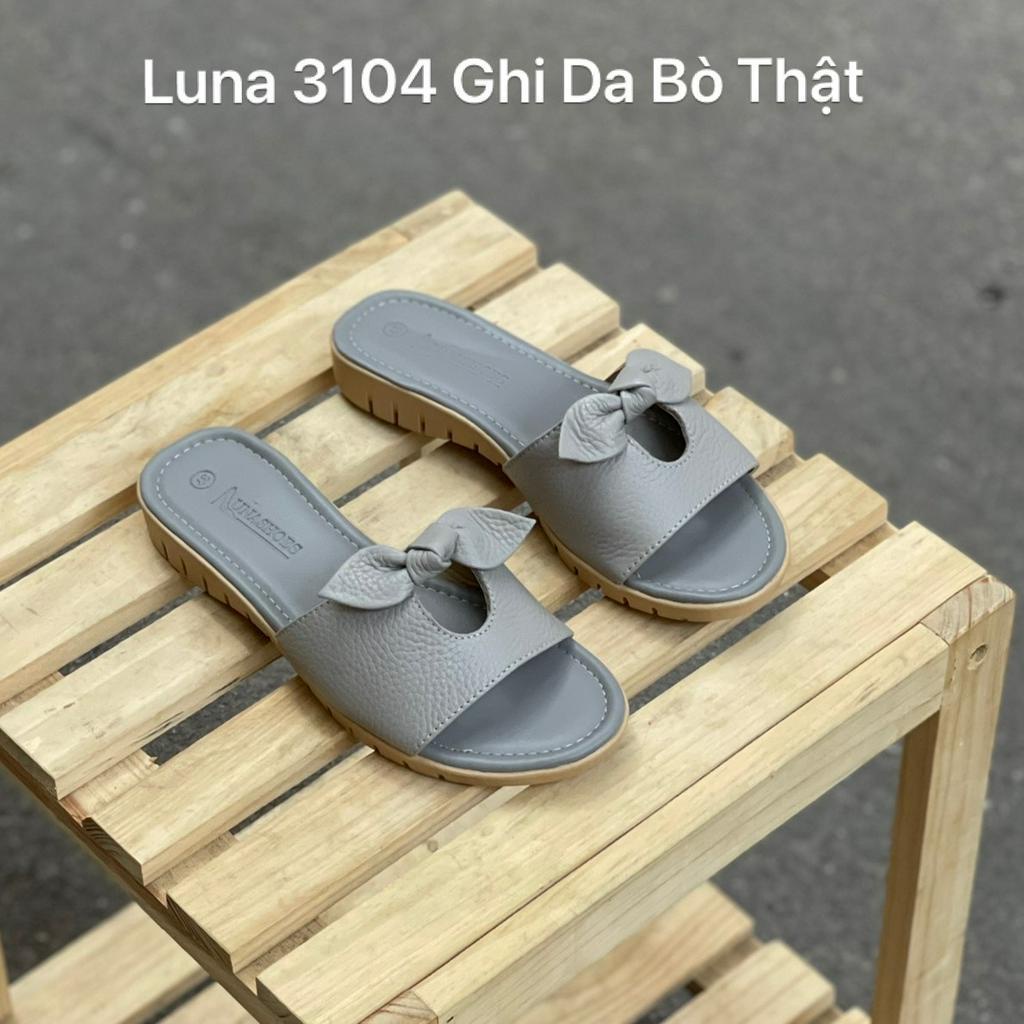 Dép lê nữ đế bằng 2p LUNASHOES 3104 da bò mềm êm chân mũi hở có nơ quai ngang thoáng mát bảo hành 2 năm
