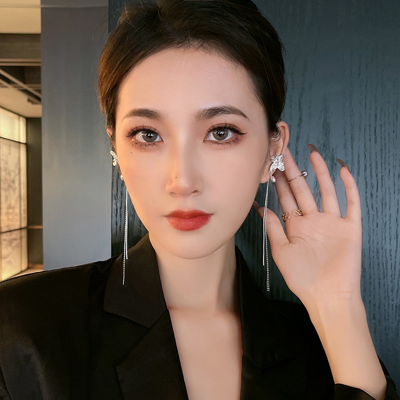 Bông tai thiết kế dáng dài thanh lịch bằng kim loại không cần xỏ lỗ