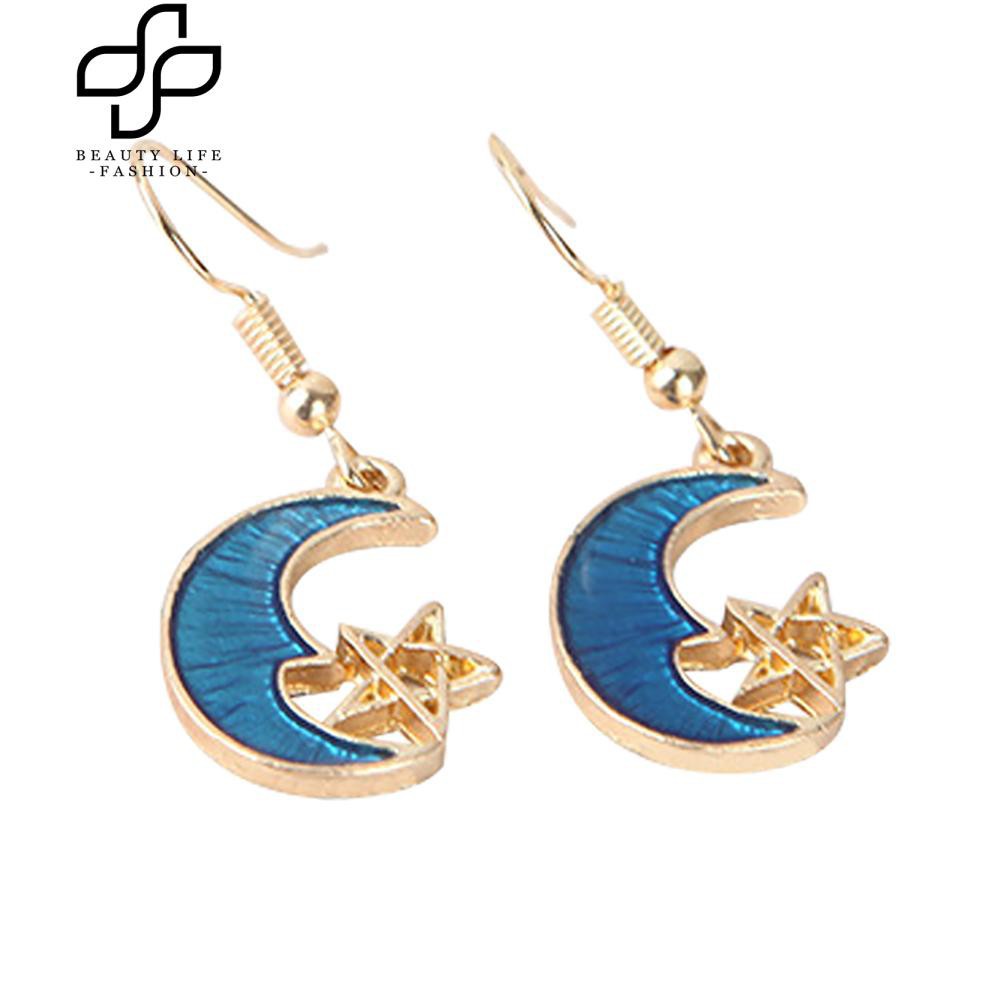 Khuyên tai dáng dài mặt hình trăng sao xinh xắn dành cho nữ