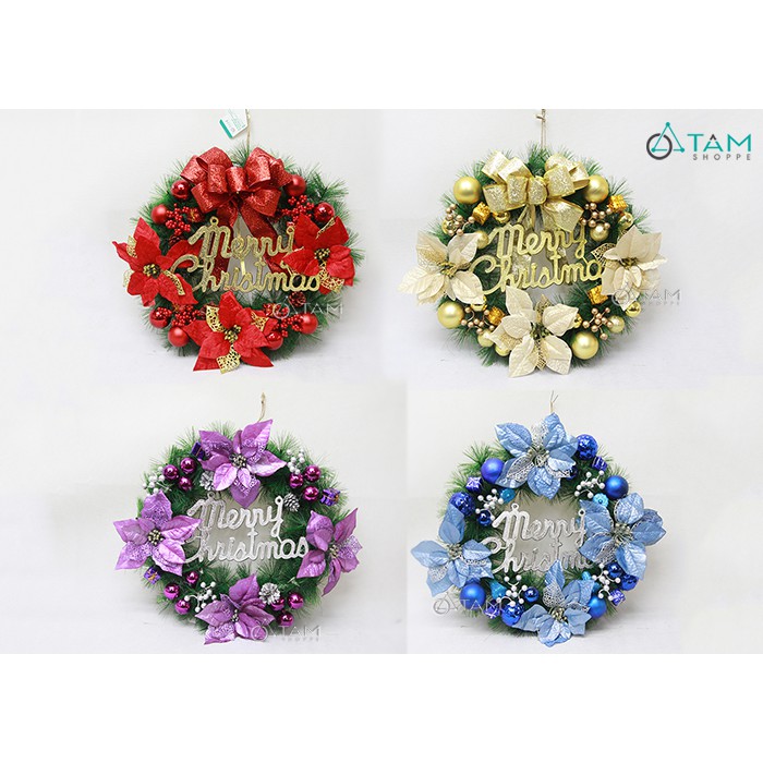 Vòng nguyệt quế Noel 4 hoa trạng nguyên ĐK 50cm X-VNGQ-17